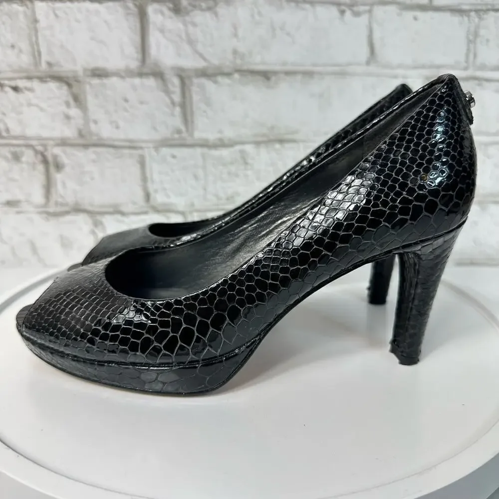Stuart Weitzman Heels Leather Croc Snake Pattern Patent Peep Toe Pump Black 7.5